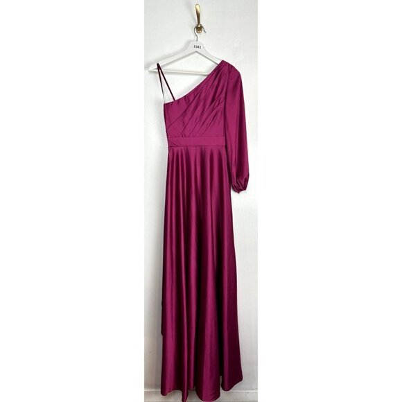 MAC DUGGAL One-Shoulder Long Sleeve Satin High/Low Gown in Berry Size US 0 - Picture 9 of 13